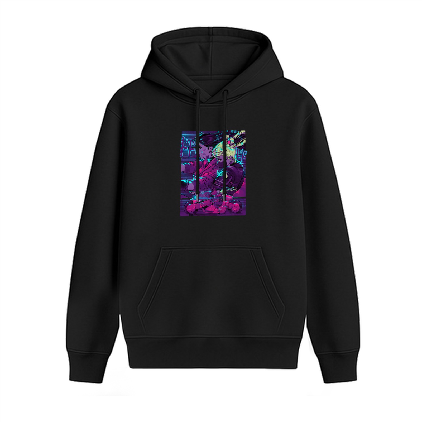 Black hoodie with cyberpunk anime graphic print