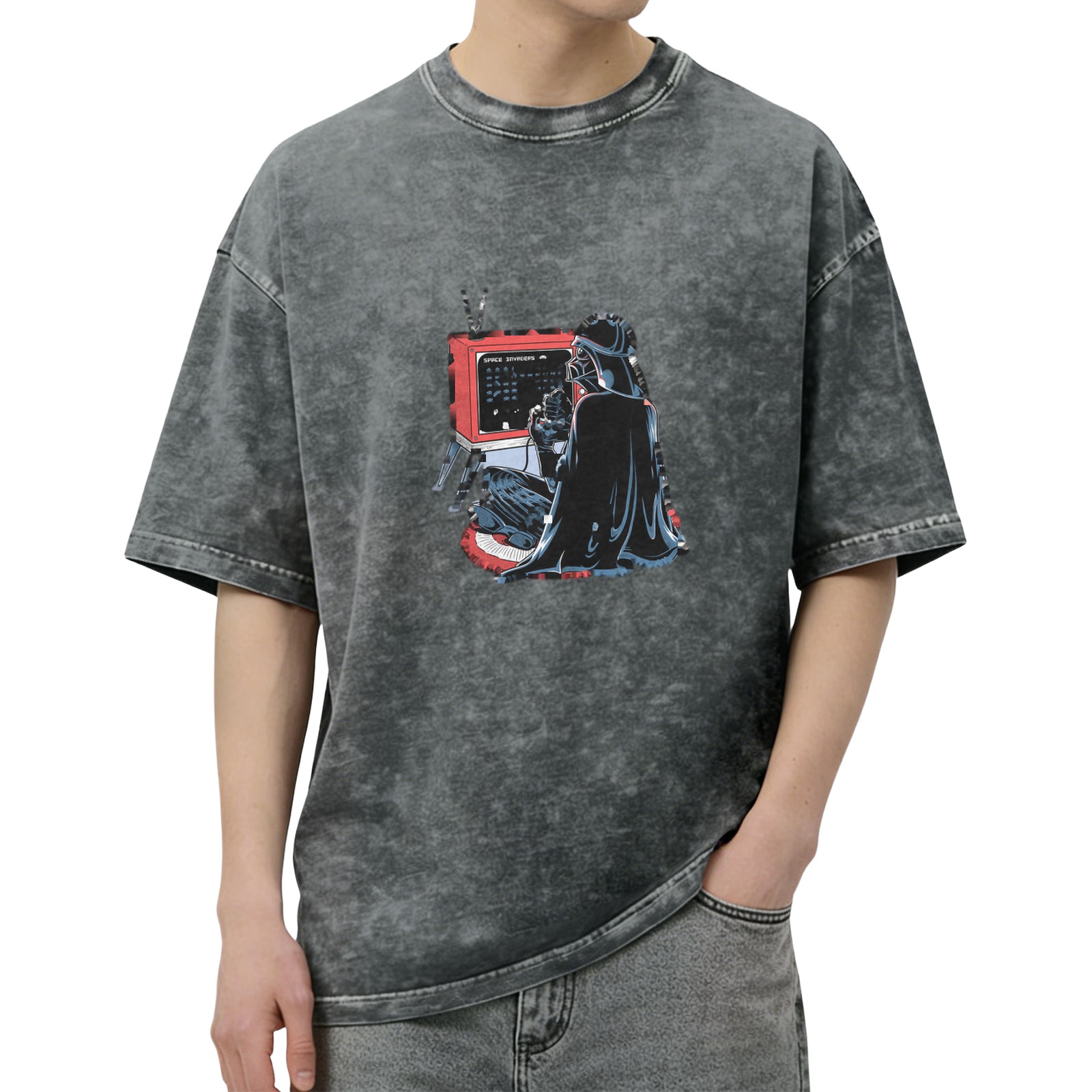 Vintage Washed Black T-Shirt with Darth Vader Retro Computer Graphic Print