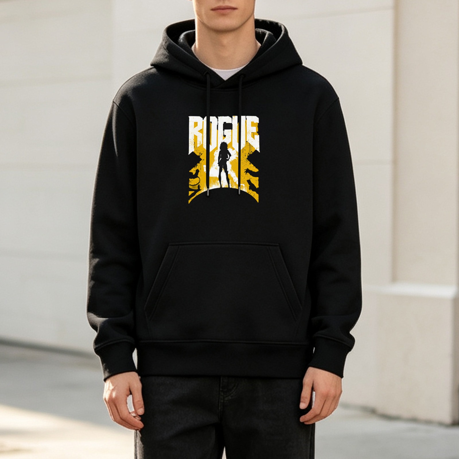 Black Hoodie With Rogue Silhouette Graphic Design