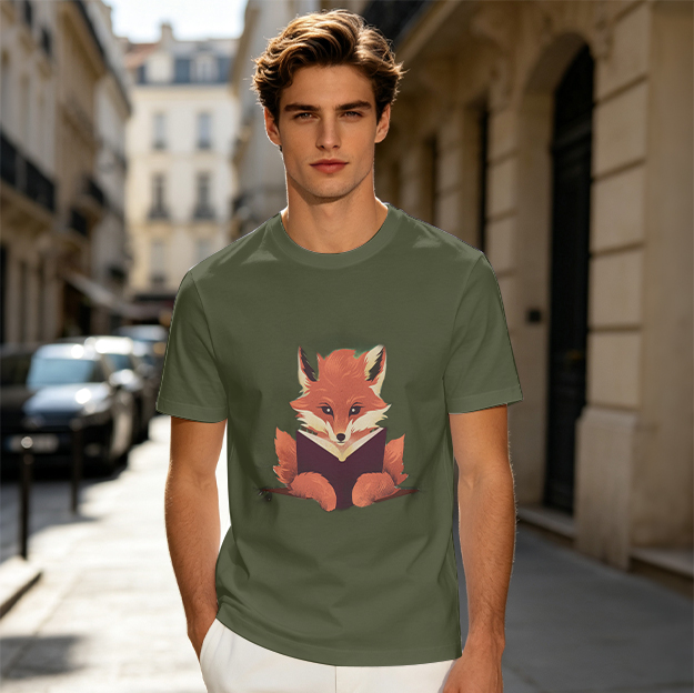 Olive green t-shirt with a red fox reading a book graphic