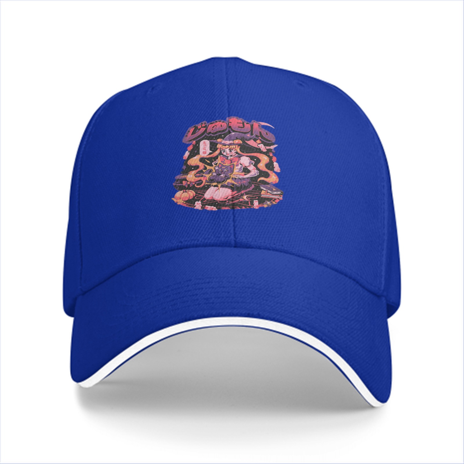Black baseball cap with anime witch graphic print
