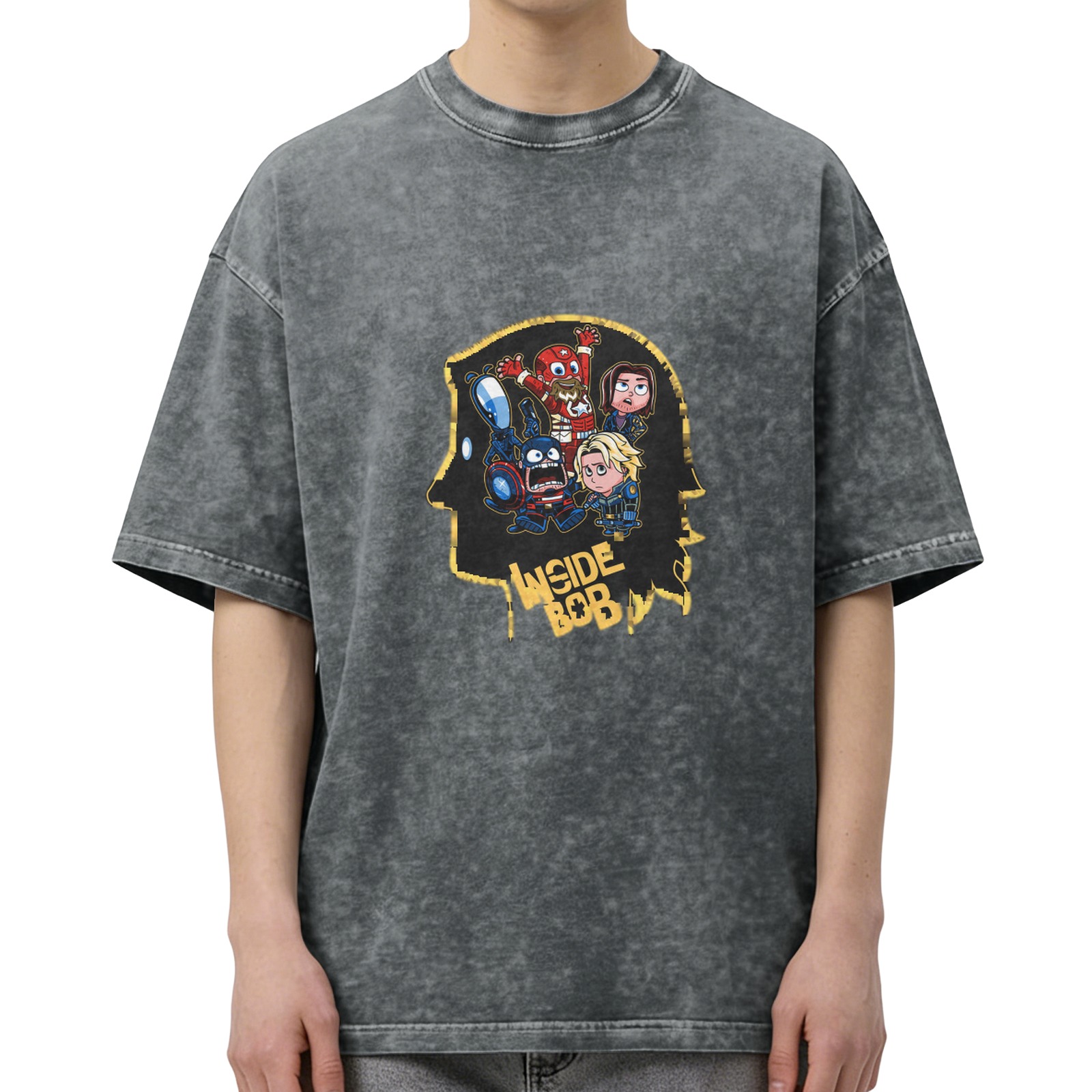 Oversized Washed Black T-Shirt With Inside Bob Superhero Graphic