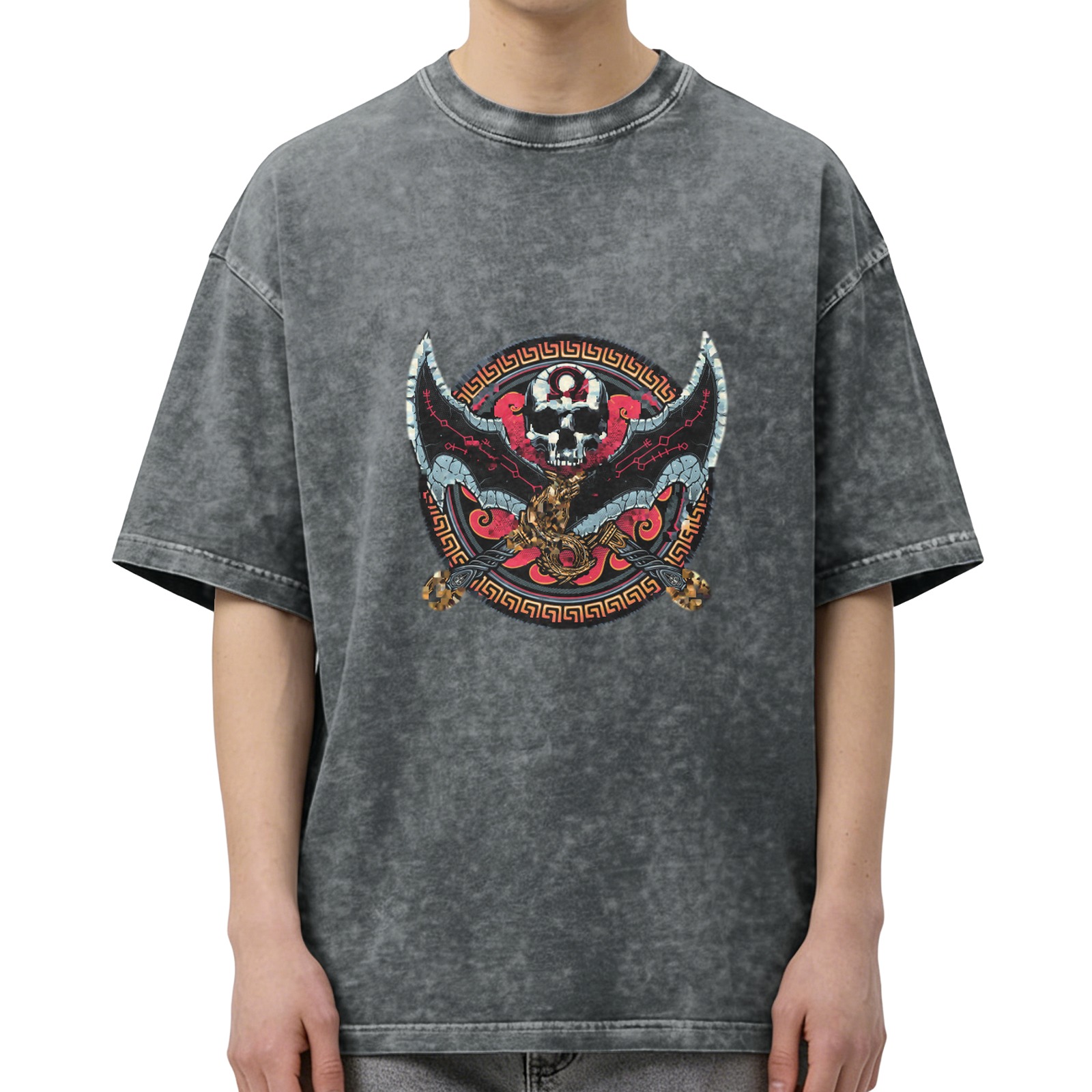 Washed Black Graphic T-Shirt With Skull Bat Cross Design
