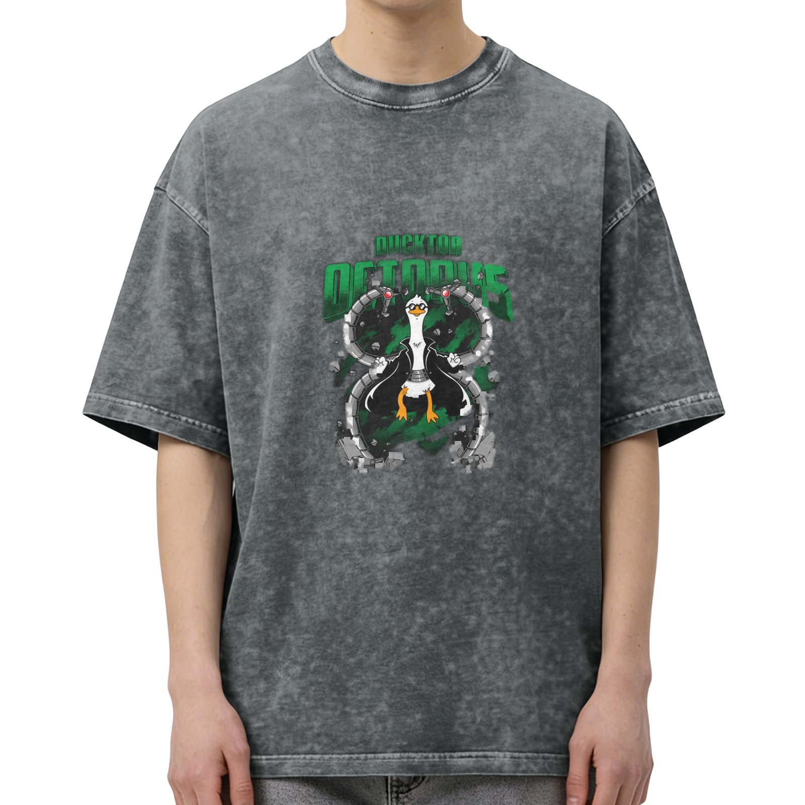 Oversized Dark Wash T-Shirt With Ducktor Octopus Graphic