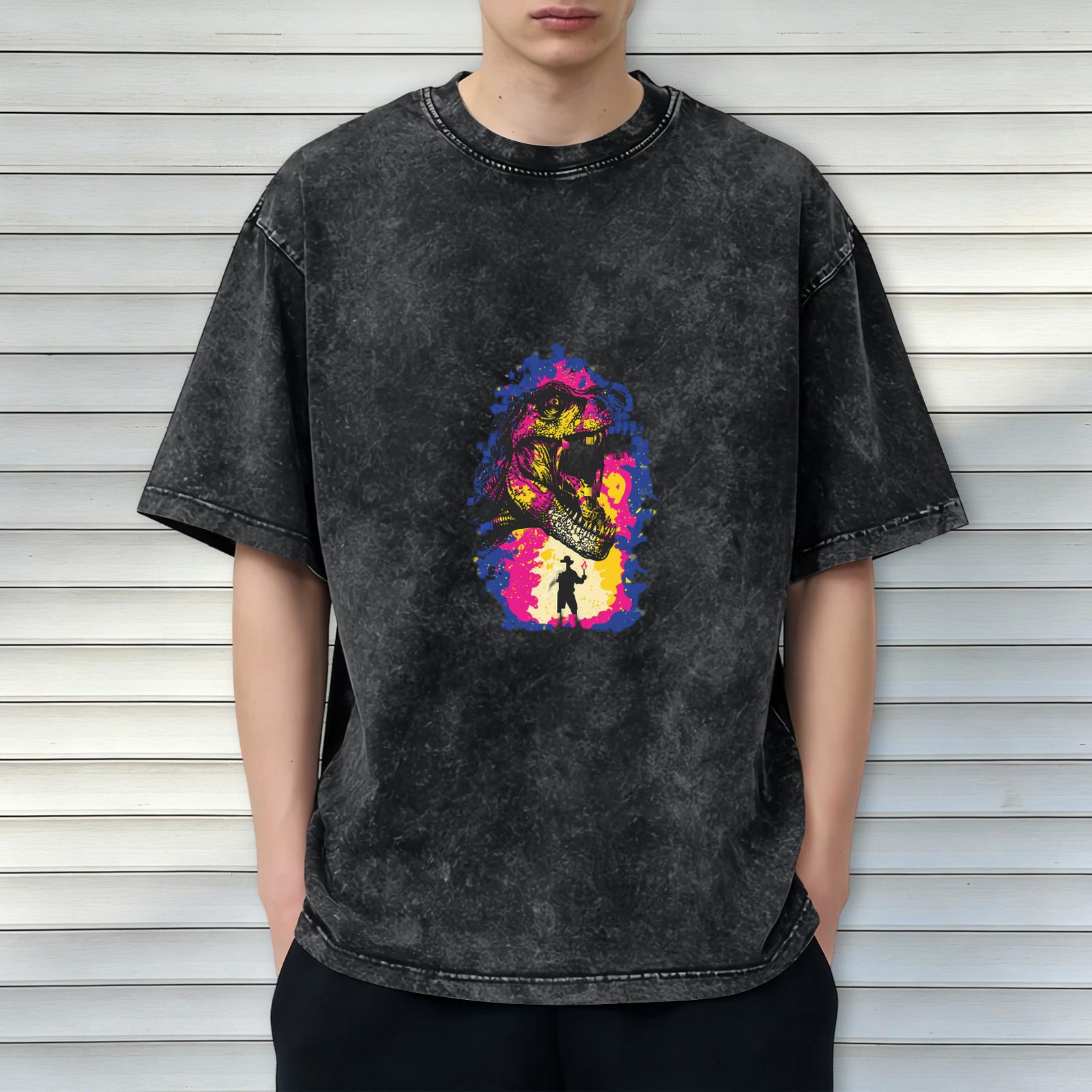 Washed Black Oversized T-Shirt with Dinosaur Cowboy Graphic