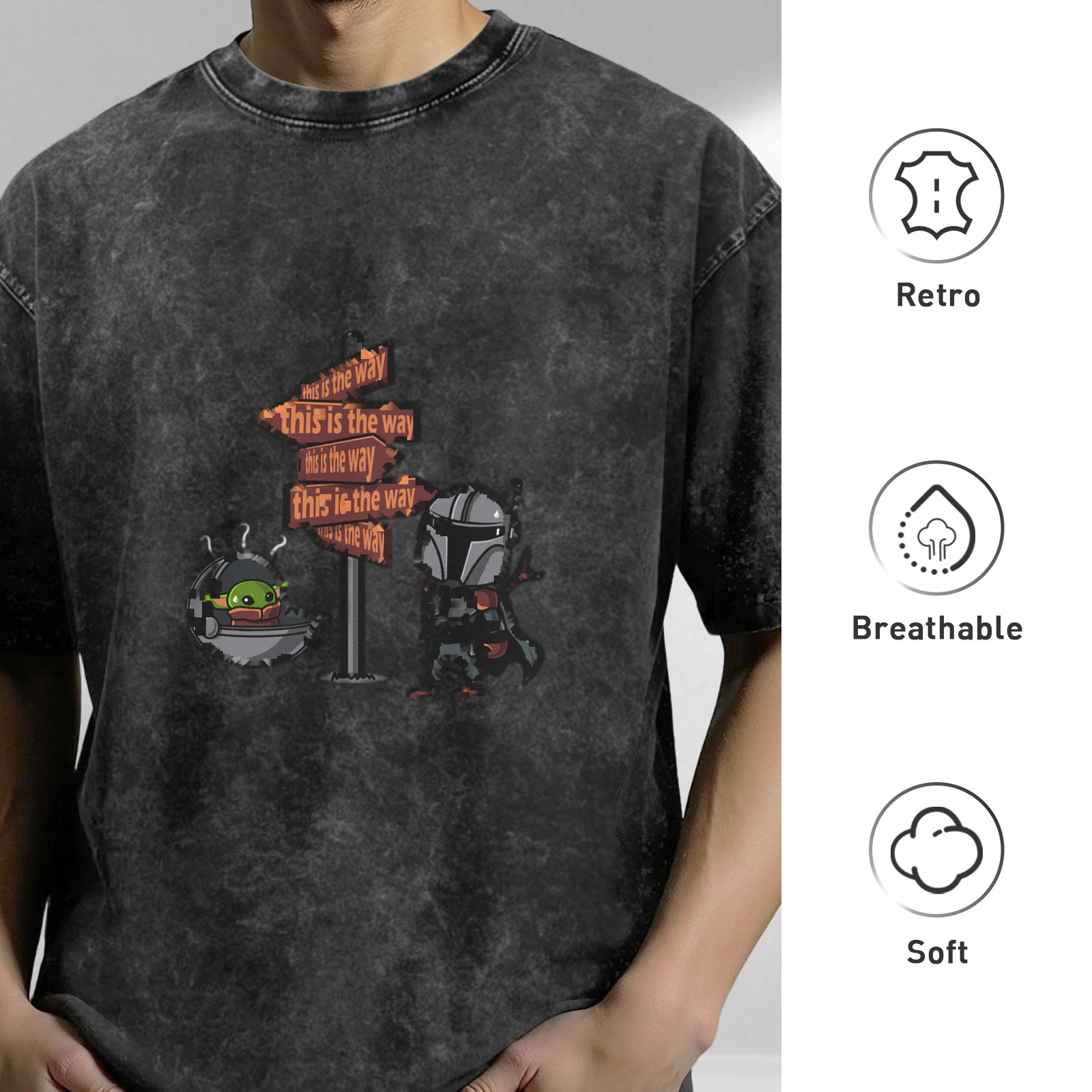 Distressed black Mandalorian themed printed short-sleeved T-shirt