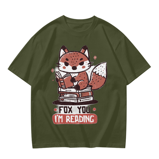 Olive T-Shirt with Cute Fox Reading Book Pun Print