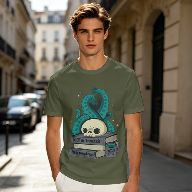 Olive graphic tee with skull, octopus tentacles and 'I'm booked this weekend' books