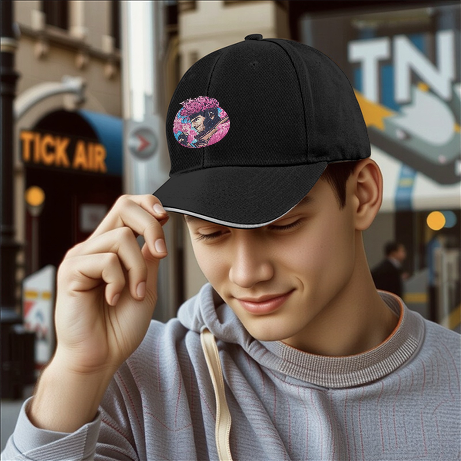 Black Baseball Cap With Pink Superhero Character Art Print