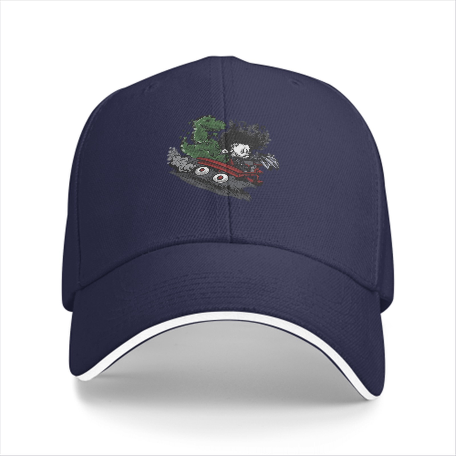 Black baseball cap with anime villain graphic print