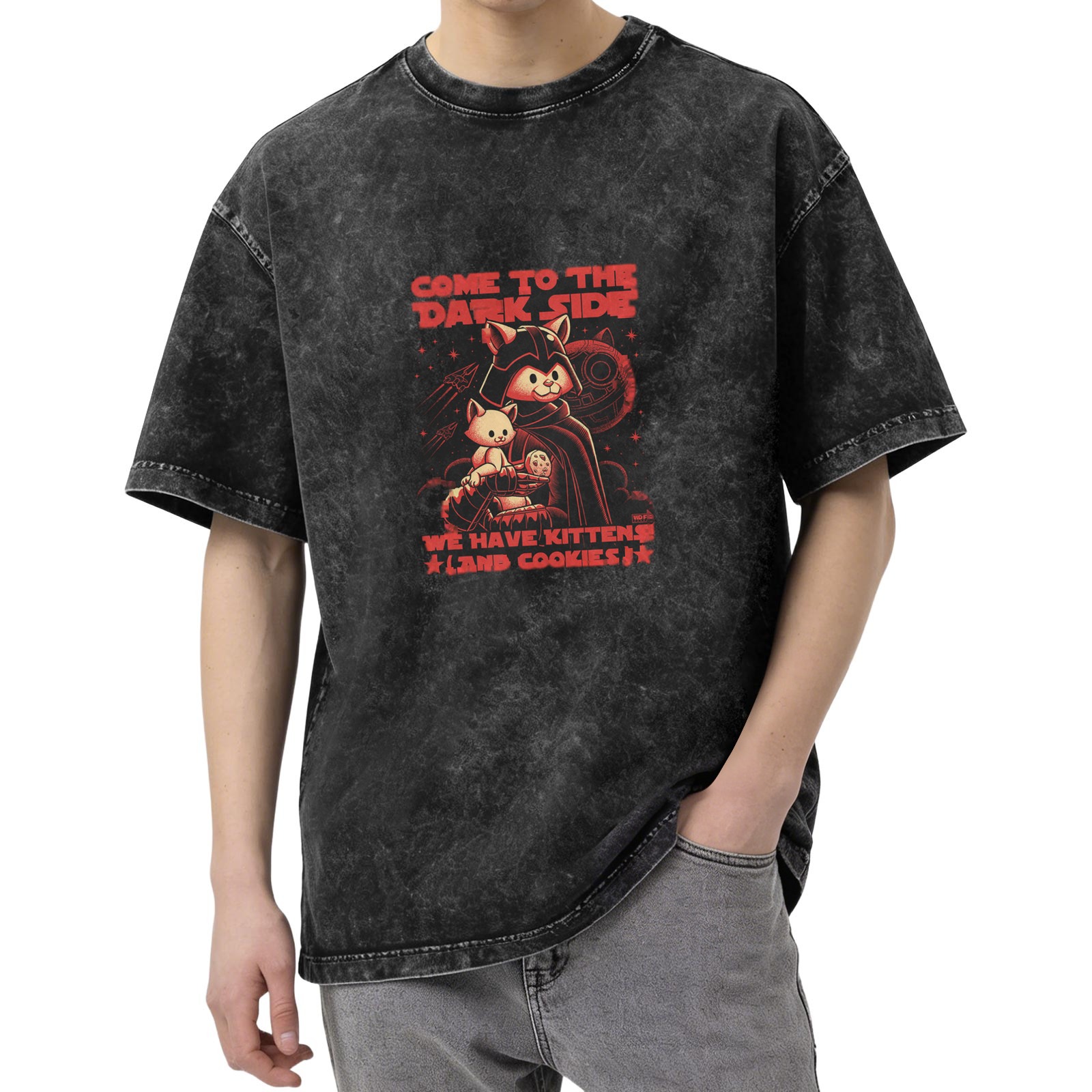 Dark side cat kitten cookie graphic acid wash t-shirt