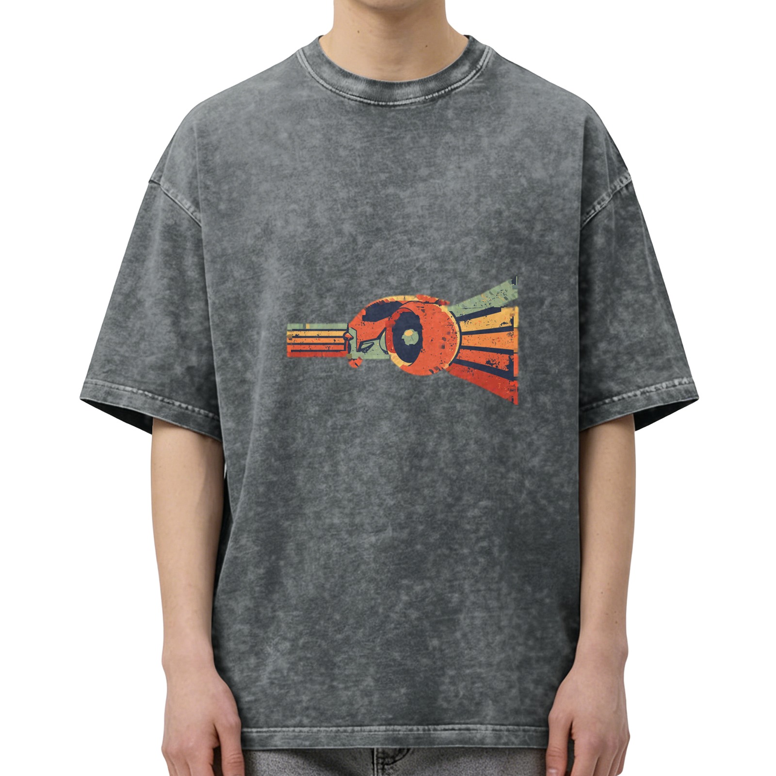 Distressed washed black loose short-sleeved T-shirt Retro style graphic print top