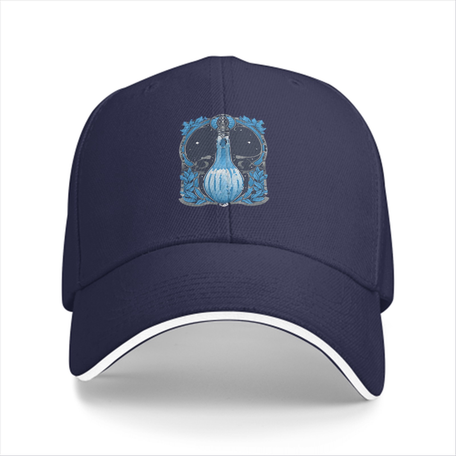 Black Baseball Cap With Blue Celestial Bottle Crest Print