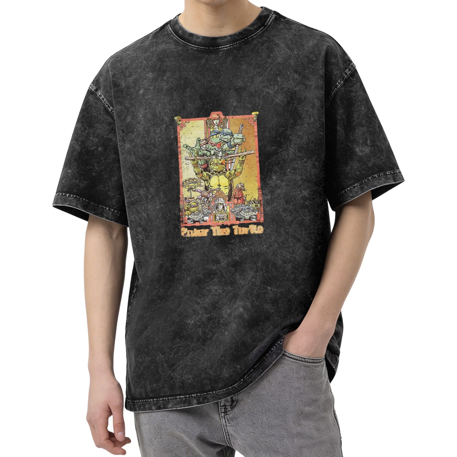 Vintage washed black Teenage Mutant Ninja Turtles themed printed short-sleeved T-shirt