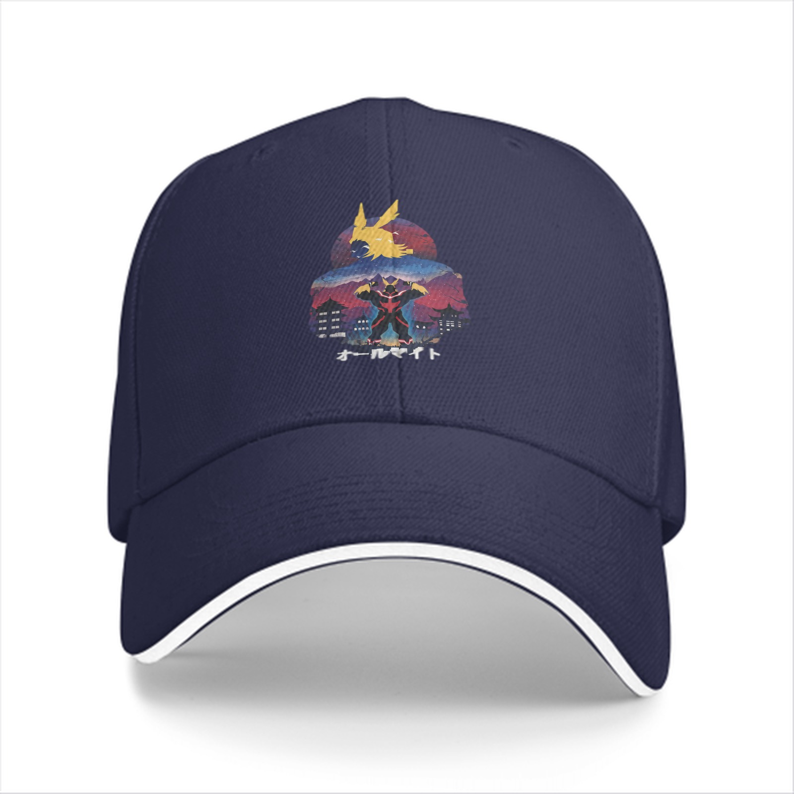 Black baseball cap with anime hero graphic print