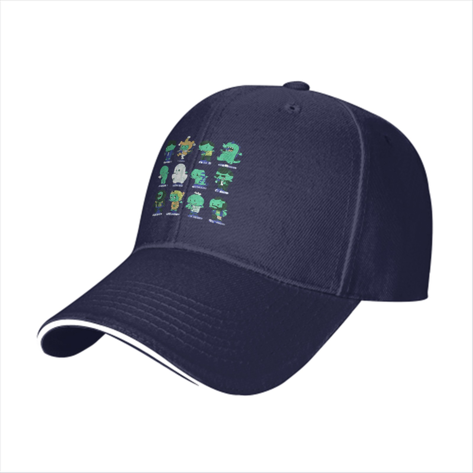 Black baseball cap with cute monster character grid print