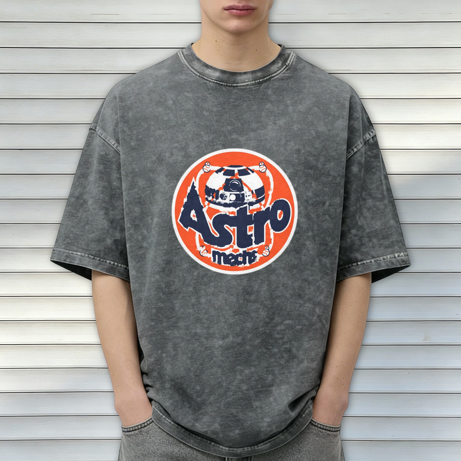 Distressed washed black round neck short-sleeved T-shirt Retro Astro themed printed casual top