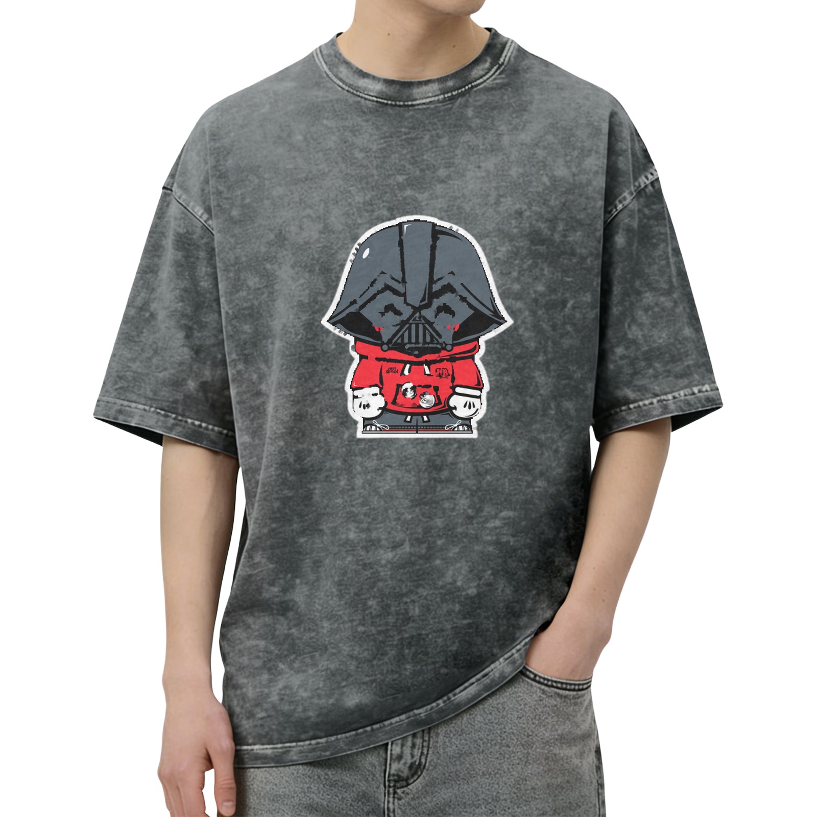 Oversized Dark Wash T-Shirt with Cute Darth Vader Hoodie Print
