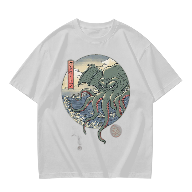 Olive T-shirt with Ukiyo-e Style Cthulhu Octopus Print