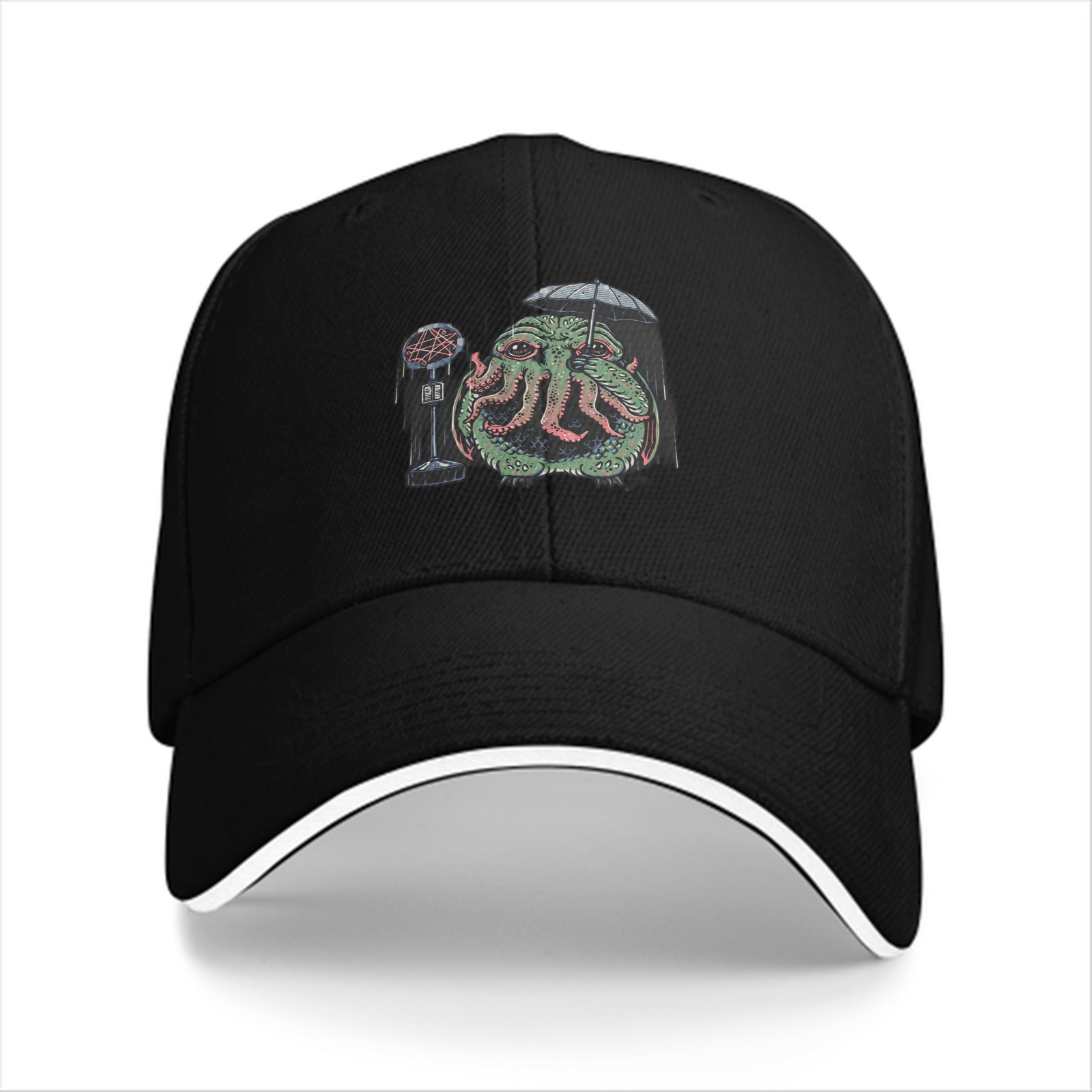 Black Baseball Cap With Cthulhu Holding Umbrella Microphone Print