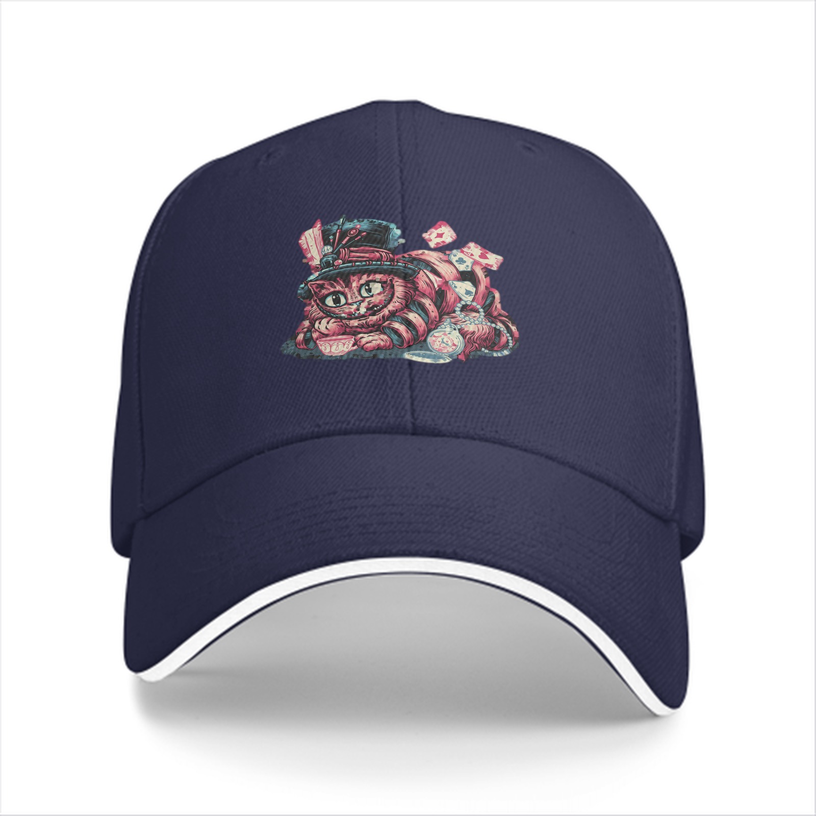 Black Baseball Cap with Whimsical Wonderland Cat Art Print