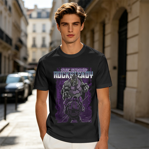 Olive green t-shirt featuring Rocksteady the strong mutant character