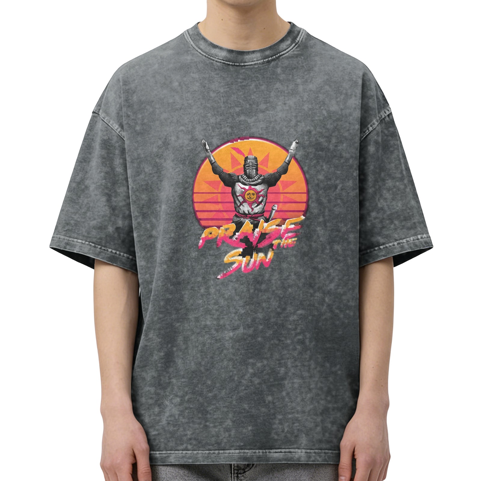 Dark Souls Praise The Sun Retro Graphic Acid Wash Oversized T-Shirt