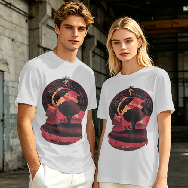 Olive t-shirt with Fullmetal Alchemist inspired sunset landscape print