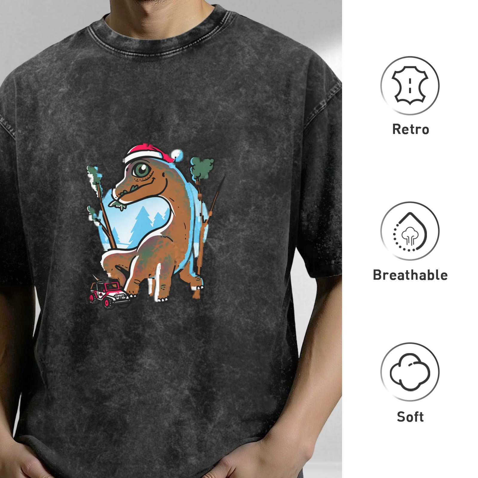 Oversized Dark Wash T-Shirt With Christmas Dinosaur Graphic