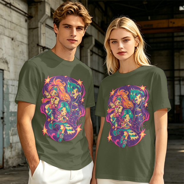 Olive T-Shirt With Vibrant Anime Chibi Characters Graphic Print