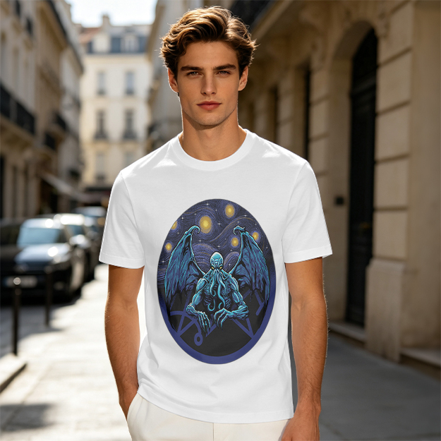 Olive T-Shirt with Cthulhu Starry Night Graphic Print