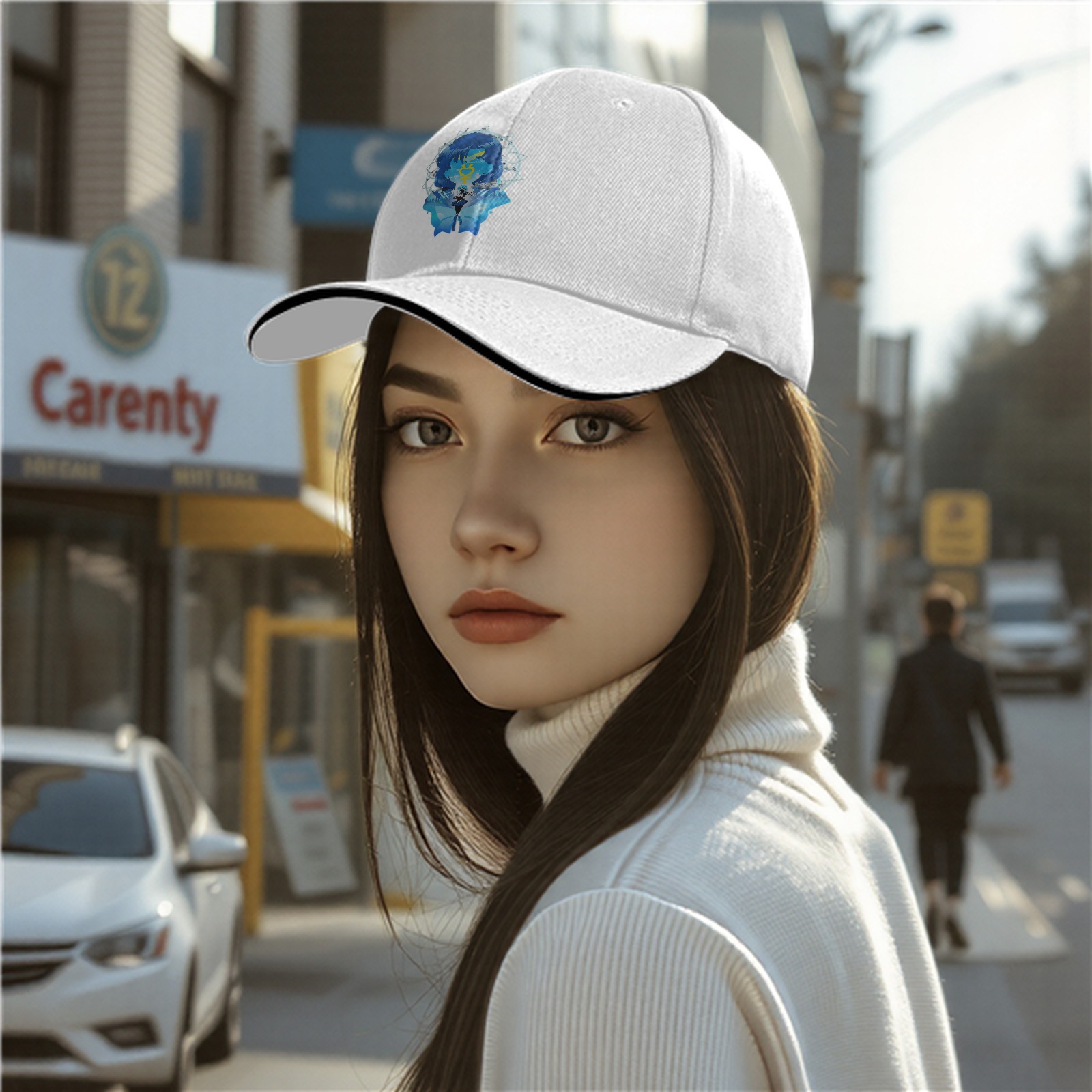 Black Baseball Cap With Blue Anime Character Art Print