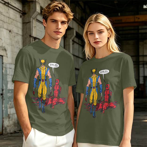 Olive T-Shirt Featuring Wolverine and Deadpool Comic Art
