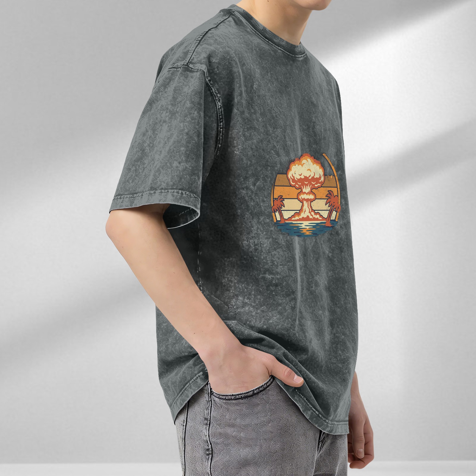 Vintage Acid-Wash Black Oversized T-Shirt with Retro Nuclear Explosion & Palm Tree Sunset Graphic Print