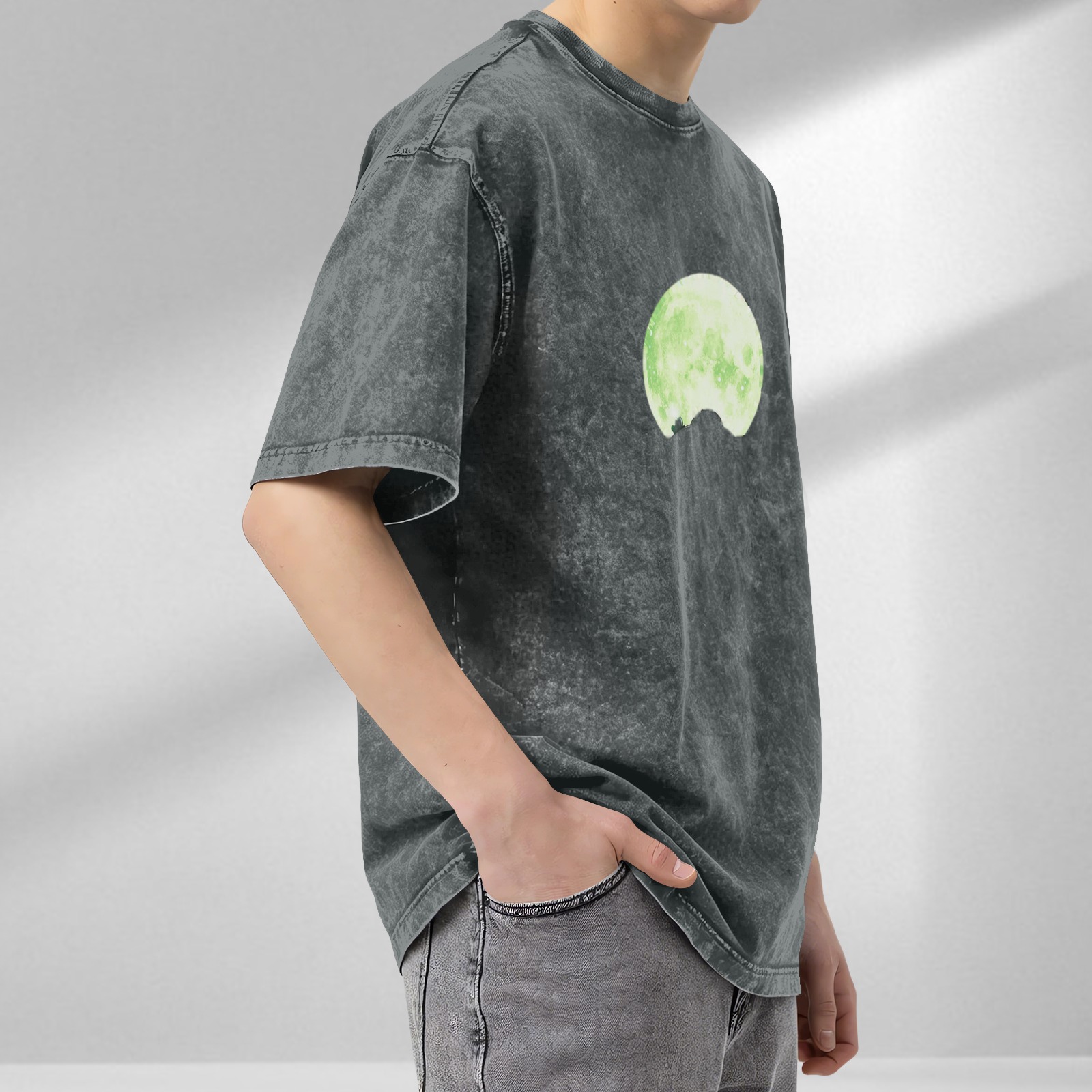 Oversized Acid Wash T-Shirt With Glowing Green Moon Print