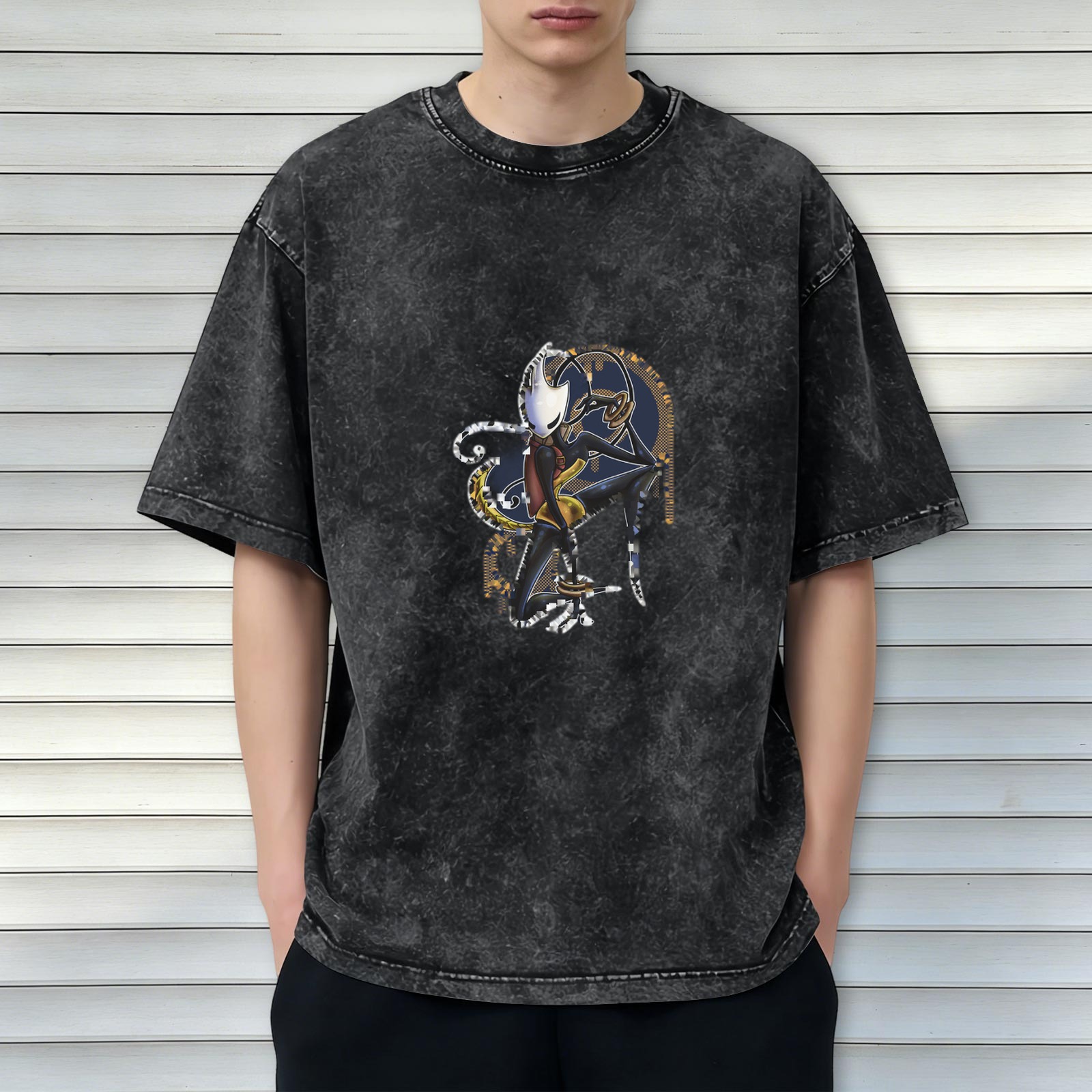Washed Black Graphic T-Shirt with Fantasy Insect Warrior Art