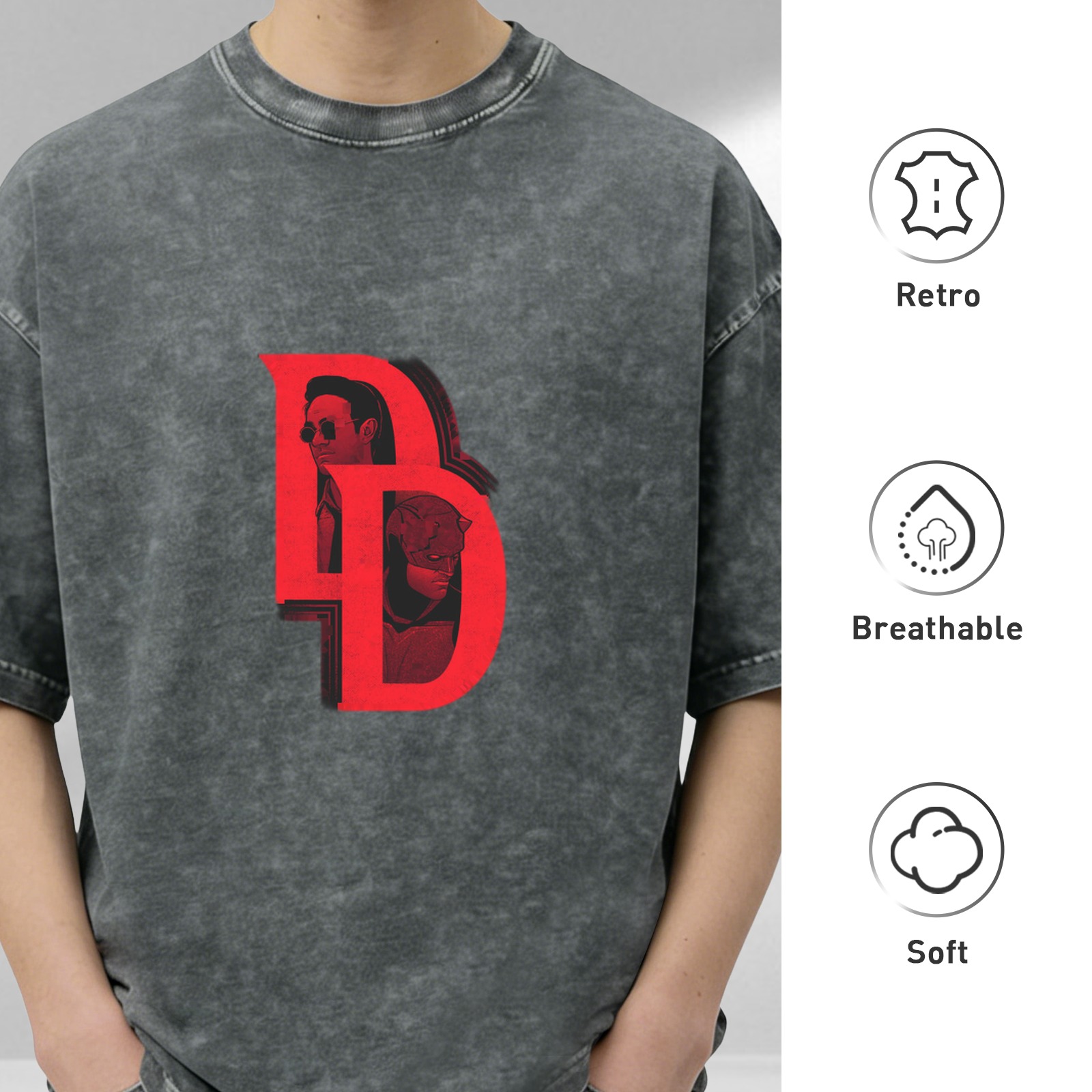 Washed Black T-Shirt with Daredevil DD Logo Graphic