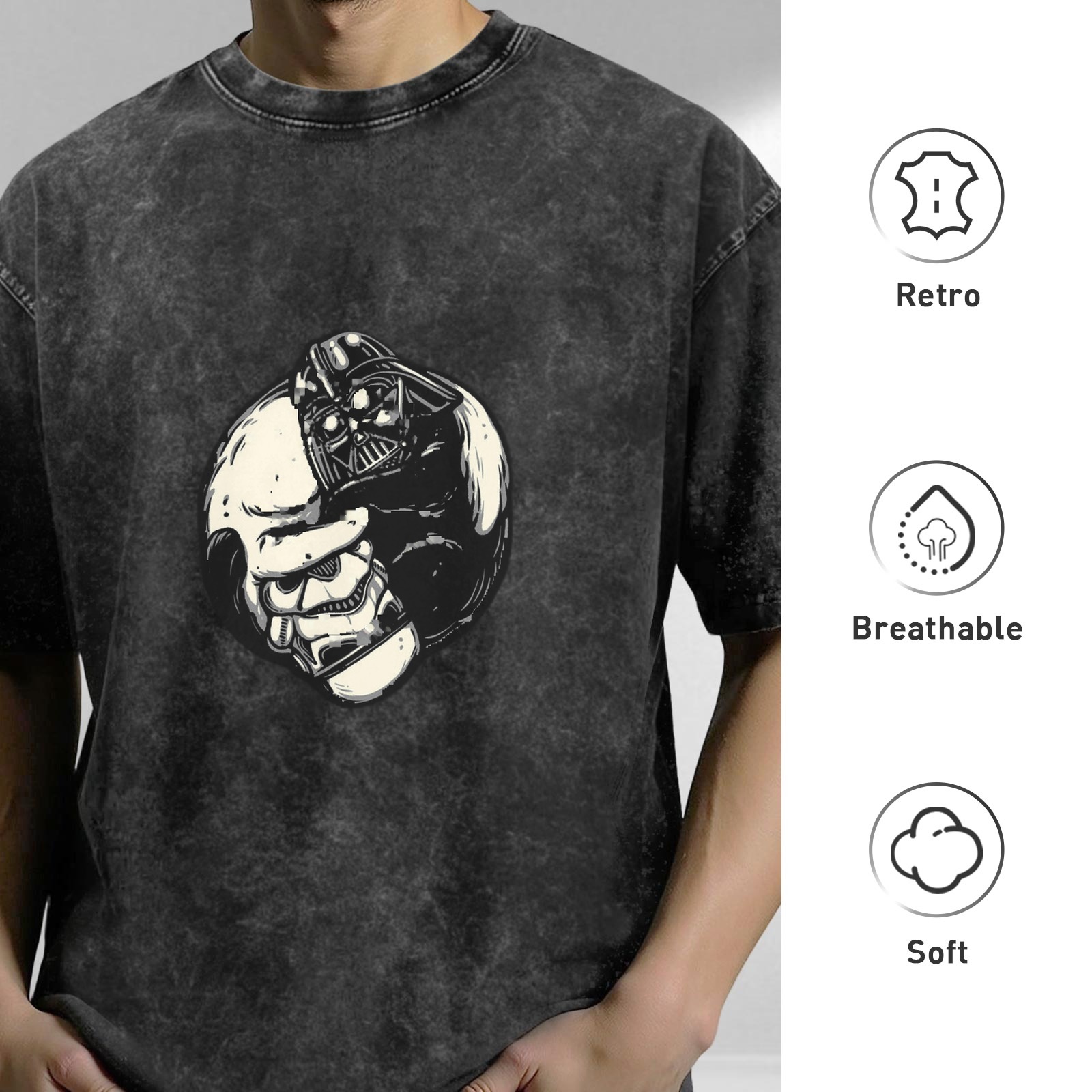 Washed Black Oversized T-Shirt with Split Darth Vader Skull Graphic