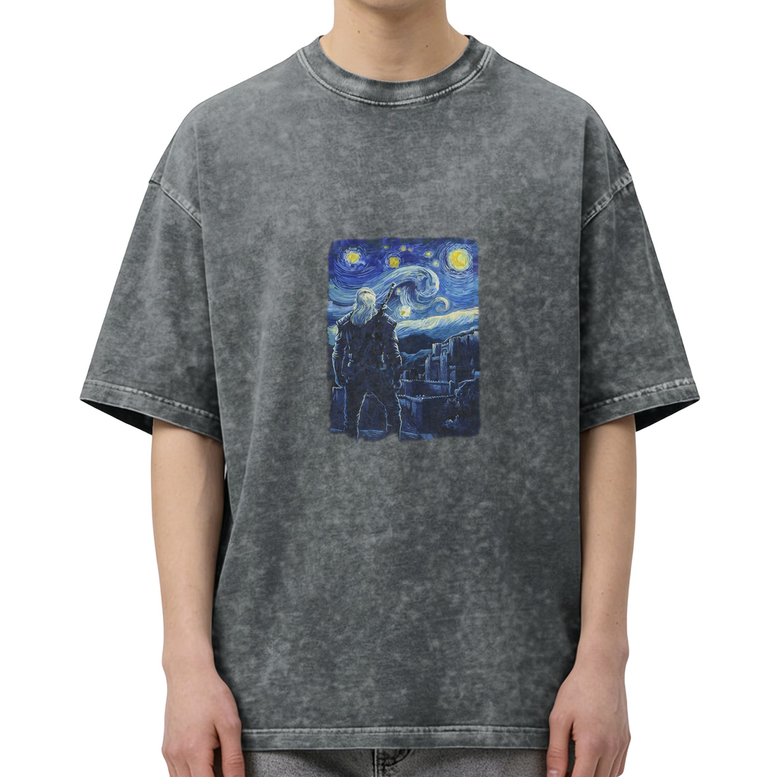 Distressed washed black round neck short-sleeved T-shirt Van Gogh starry night theme print loose casual top