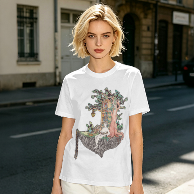 Olive t-shirt with whimsical floating treehouse reading scene print
