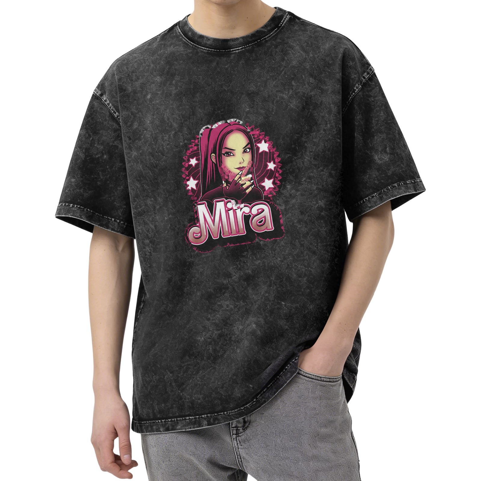 Washed Black Graphic T-Shirt with Mira Anime Girl Print