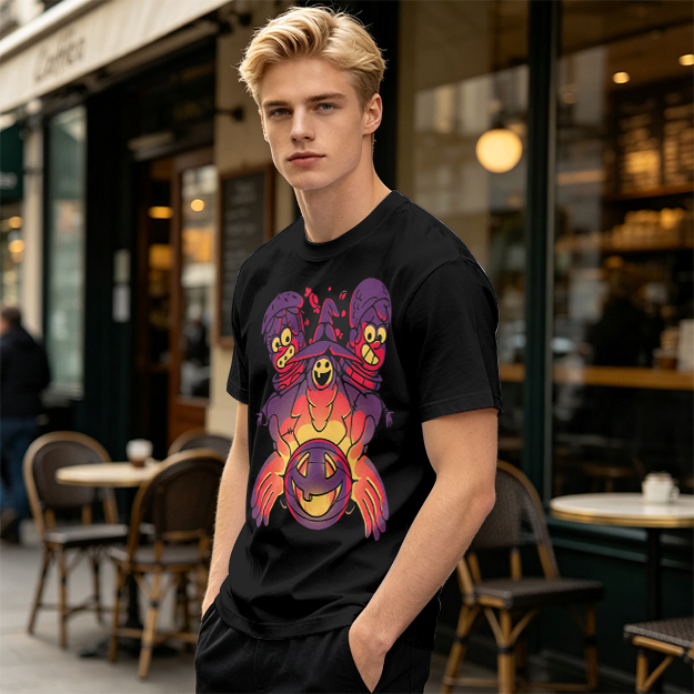 Olive T-Shirt With Halloween Three-Headed Witch And Jack-O'-Lantern Print
