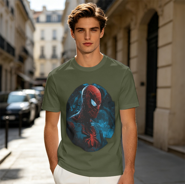 Olive Green T-Shirt with Dark Artistic Spider-Man Print