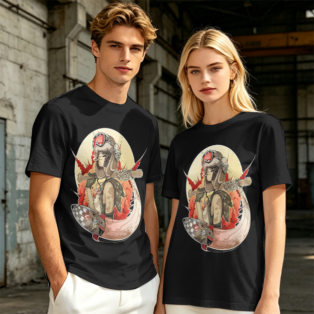 Olive T-Shirt with Retro Military Pilot Girl Graphic Print