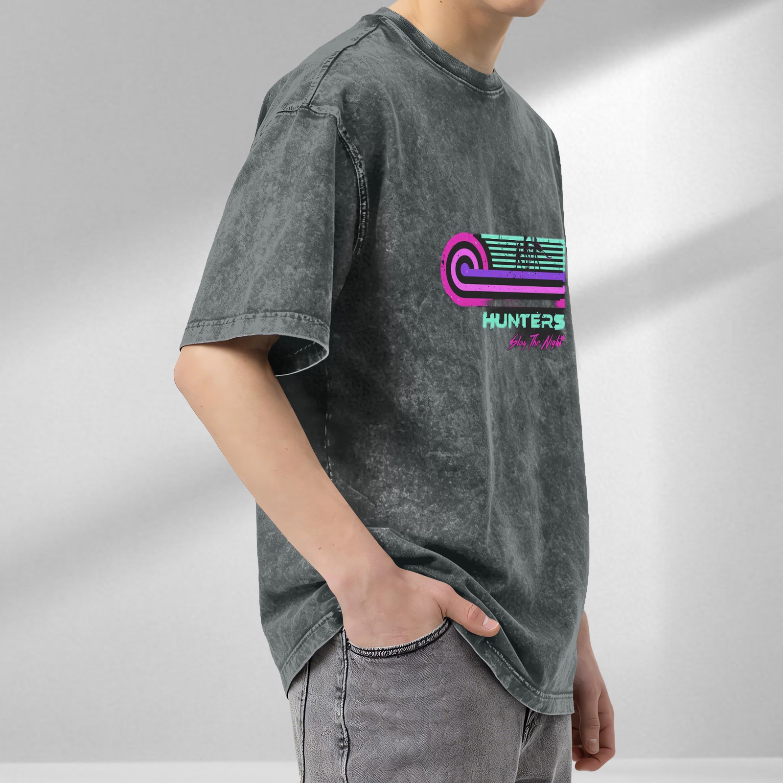 Washed Black T-Shirt with Retro Hunters Slay The Night Graphic