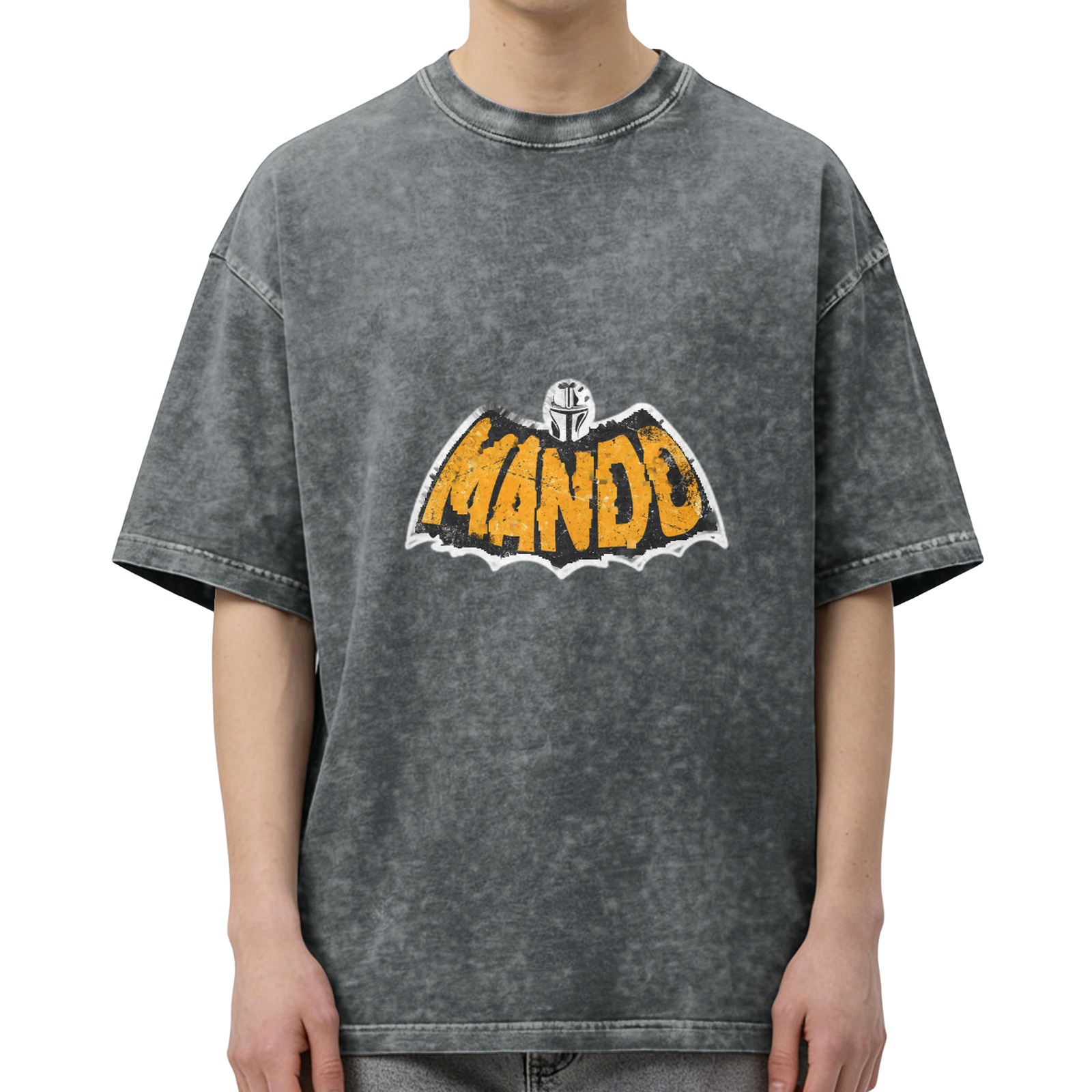 Washed Black Oversized T-Shirt with Mando Bat Logo Graphic