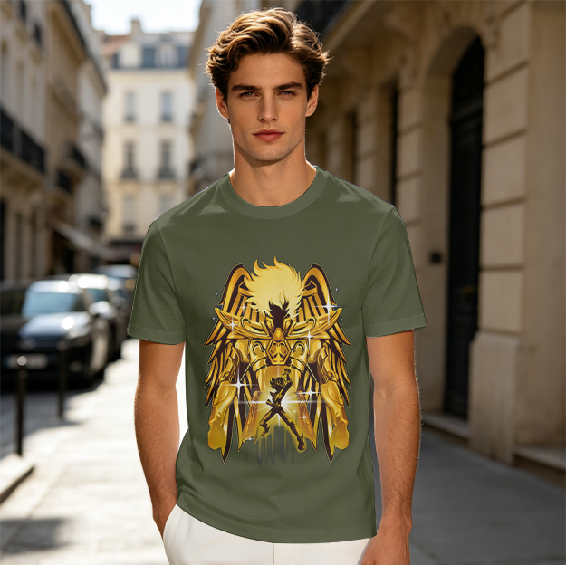 Olive T-Shirt With Gold Pegasus Armor Anime Graphic