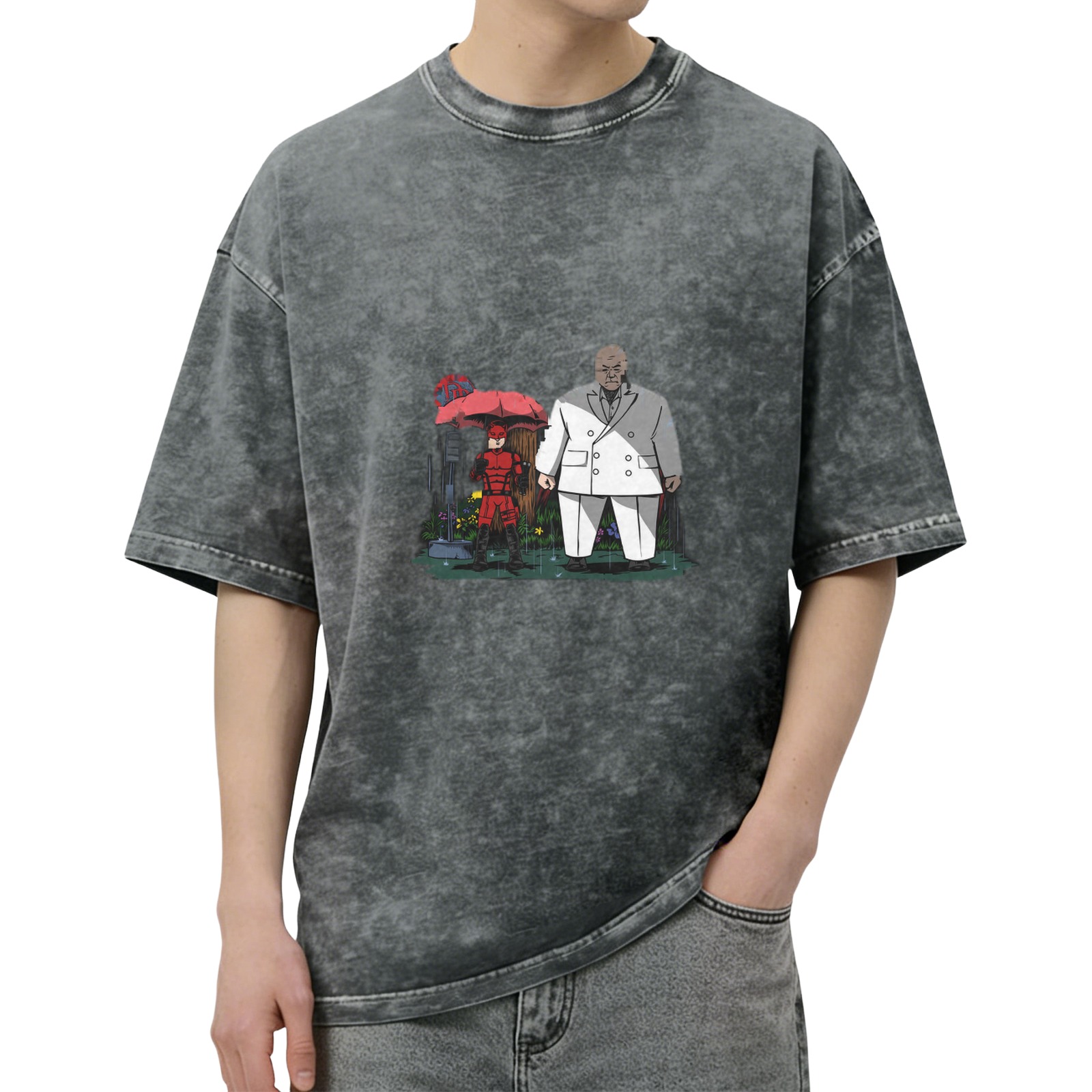 Washed black graphic t-shirt with Daredevil and Kingpin in rain