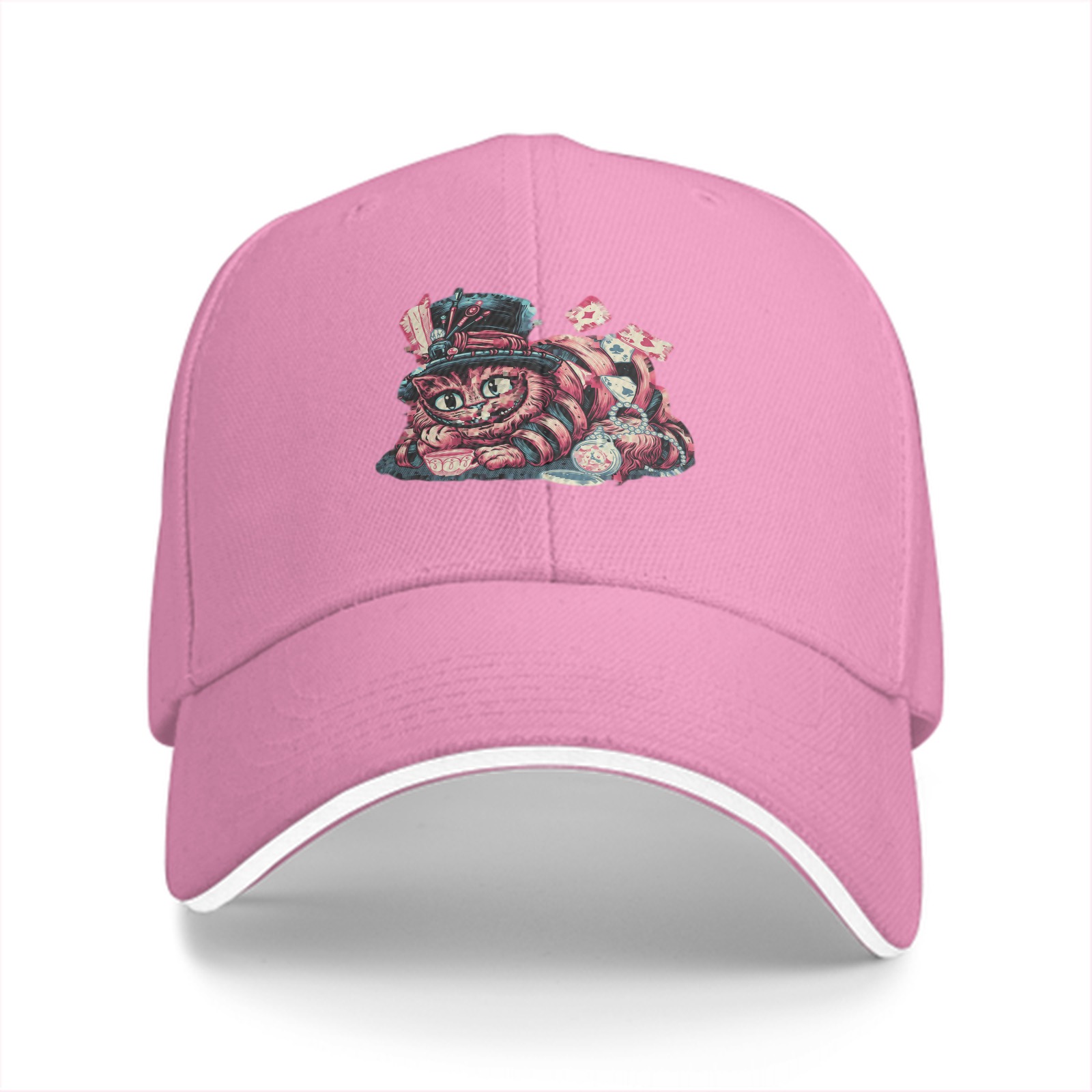 Black Baseball Cap with Whimsical Wonderland Cat Art Print
