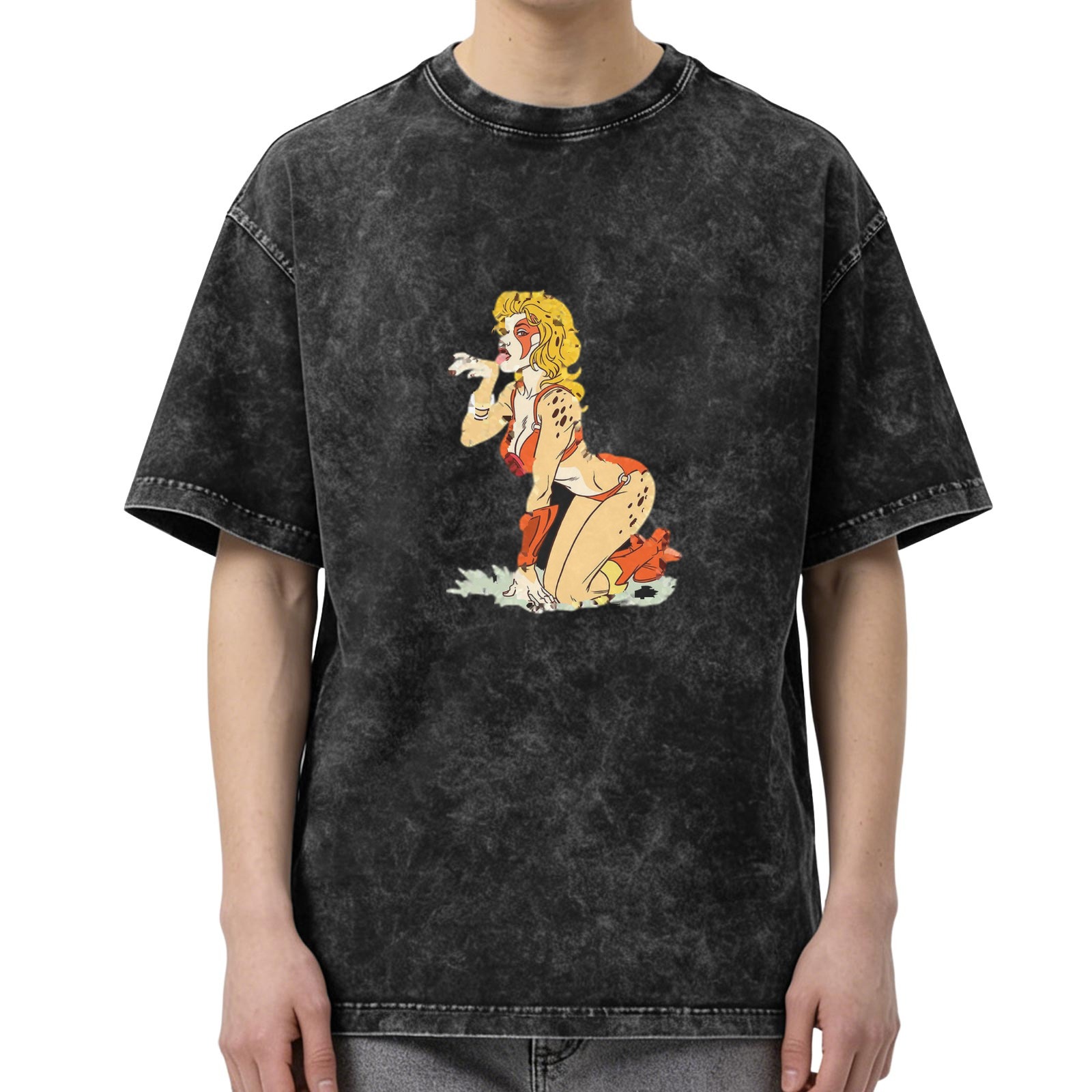 oversized acid wash t-shirt with retro cheetah girl graphic print